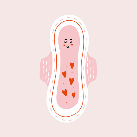 Cute menstrual pad character. Feminine intimate hygiene cartoon products. Hand drawn vector mascot kawaii illustrationのイラスト素材