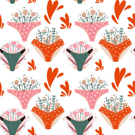 Female panties with flowers pattern. critical days. women menstrual period. Intimate hygiene health. hand drawn vector backgroundのイラスト素材