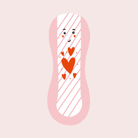 Funny menstrual pad character with hearts. Feminine intimate hygiene cartoon products. Hand drawn vector mascot kawaii illustrationのイラスト素材