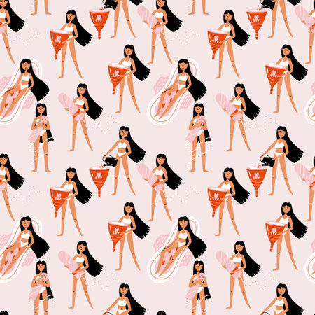 Girl pattern with menstrual pads cup tampons. Feminine intimate hygiene cartoon products. Hand drawn vector mascot kawaii illustrationのイラスト素材