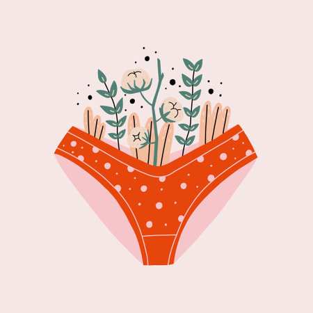 Female red panties stylized with flowers, plants. women menstrual period. Intimate hygiene health. hand drawn vector illustrationのイラスト素材