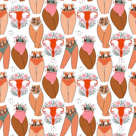 Female hips with panties menstrual organ pattern. women menstrual period. bodypositive. hand drawn vector backgroundのイラスト素材