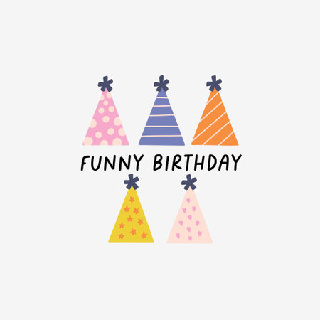 Happy Birthday Illustration colorful cups. Birthday cone hat on an isolated background. hand drawn greeting vectorのイラスト素材