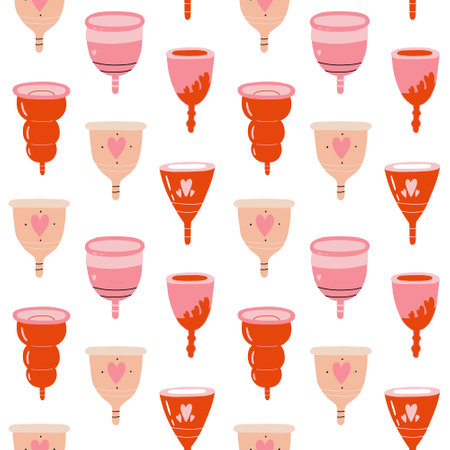menstrual cup pattern. Feminine intimate hygiene cartoon products. Hand drawn vector kawaii illustrationのイラスト素材