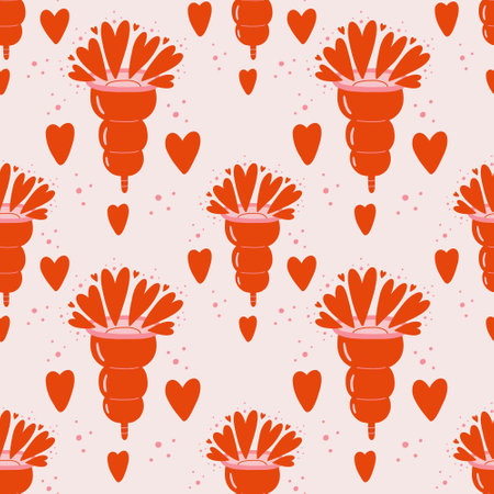 Pattern beige menstrual cup with hearts. Feminine intimate hygiene cartoon products. Hand drawn vector kawaii illustrationのイラスト素材