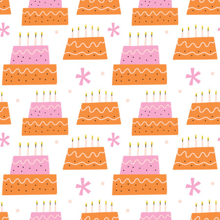 Seamless pattern birthday cake with candle. Festive kids vector background Birth Day tasty muffin for print, textile, wrapping paper, fabricのイラスト素材