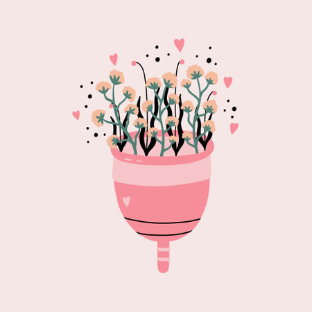 Menstrual cup with flowers and leaves. Eco protection for menstrual period in critical days. Intimate hygiene health for vagina. hand drawn vector illustrationのイラスト素材