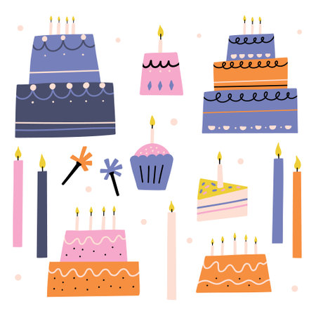 Set colorful birthday cake with candles. Vector hand drawn isolated illustration for birthday partyのイラスト素材