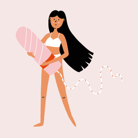 Woman holding menstrual tampon in hands. Protection for menstrual period in critical days. Intimate hygiene health for vagina. hand drawn vector illustrationのイラスト素材