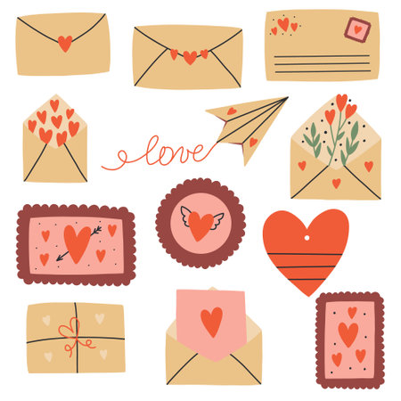 Set Valentine Love Envelope and Stamp. Vector hand drawn element with romantic heartのイラスト素材