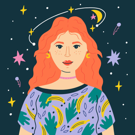 Portrait woman with red hair on a space background stars, comets. dreaming modern girl. Inspirational and motivational mental health female. hand drawn vector illustrationのイラスト素材