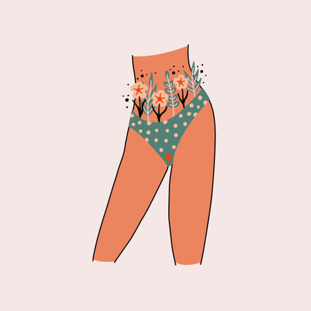 Woman thighs body with flowers and leaves sticking out of her green panties. women menstrual period. Intimate hygiene health. hand drawn vector illustrationのイラスト素材
