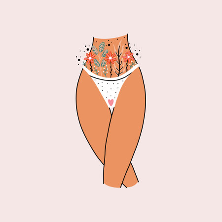 Woman thighs body with flowers and leaves sticking out of her white panties. women menstrual period. Intimate hygiene health. hand drawn vector illustrationのイラスト素材