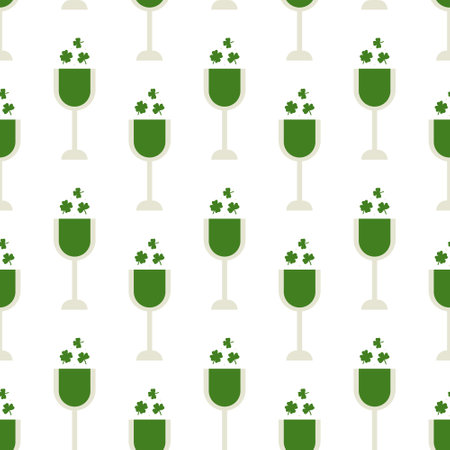 Saint Patrick's Day vector seamless pattern with green glass of wine clover. Irish background for print, textile, wrapping paper, fabricのイラスト素材