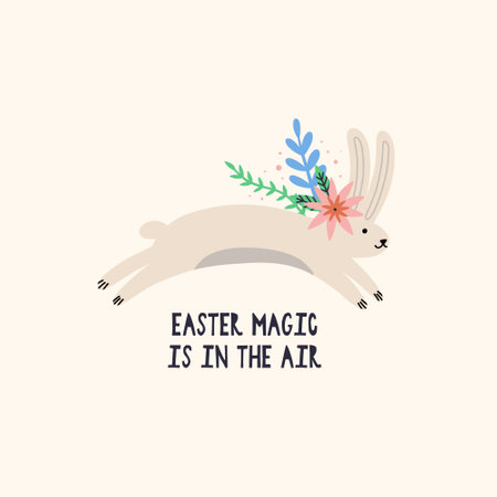 Easter bouncing bunny with spring flowers. cartoon rabbit character. Happy Easter holiday concept for egg hunt design, print, social media, poster, postcard. Modern Flat Styleのイラスト素材