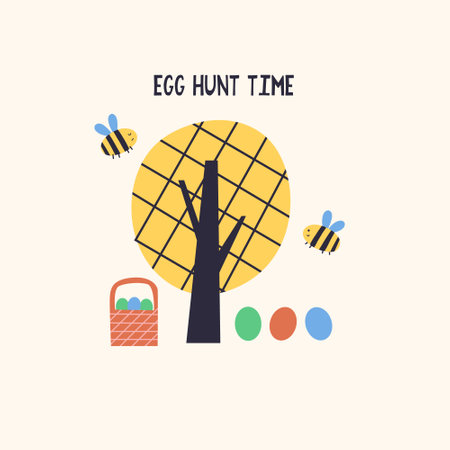 Easter basket with eggs under the tree with bees. Happy Easter holiday concept for egg hunt design, print, social media, poster, postcard. Modern Flat Styleのイラスト素材