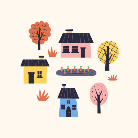 Spring village with tree houses. Happy Easter holiday concept for egg hunt design, print, social media, poster, postcard. Modern Flat Styleのイラスト素材