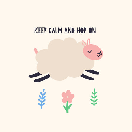 Bouncing sheep over spring flowers. Happy Easter holiday concept for egg hunt design, print, social media, poster, postcard. Modern Flat Styleのイラスト素材