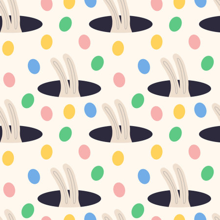 Rabbit with protruding ears in a mink with Easter eggs pattern. Spring seamless background for print, textile, wrapping paper, fabric. flat surface designのイラスト素材