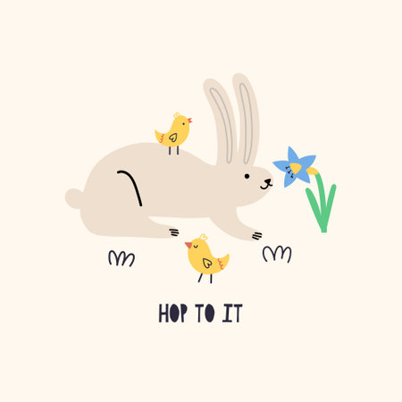 Cute bunny and chickens sniffing spring flower daffodil. cartoon rabbit character. Happy Easter holiday concept for egg hunt design, print, social media, poster, postcard. Modern Flat Styleのイラスト素材
