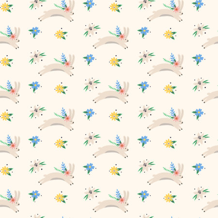 Easter spring bouncing hare with flowers pattern. Spring seamless background for print, textile, wrapping paper, fabric. flat surface designのイラスト素材
