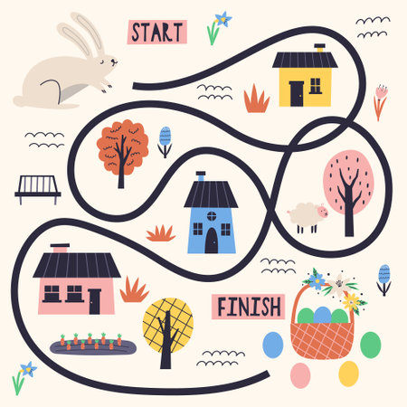 Children Cartoon Map Game Find Easter Egg. Happy Easter holiday concept map creator for egg hunt design, print, social media, poster, postcard. Modern Flat Styleのイラスト素材