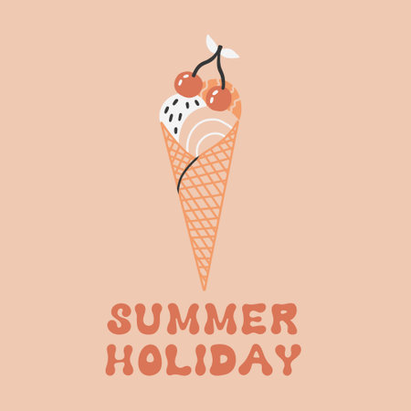 Groovy Summer Ice Cream Print Vector Concept. Retro illustration for print design, social media, poster, postcard. Modern Boho Trendy Styleのイラスト素材