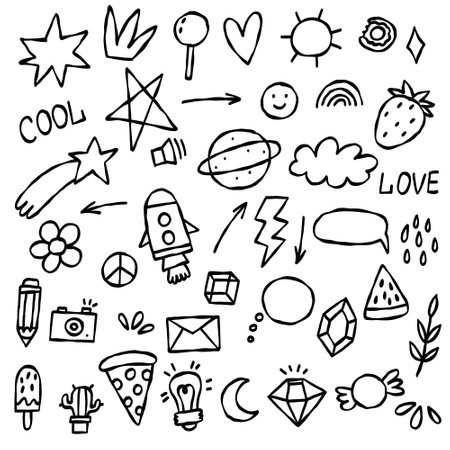Doodle decor elements collection. Vector playful outline clipartのイラスト素材
