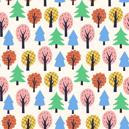 Colorful abstract trees pattern. Spring seamless background for print, textile, wrapping paper, fabric. Flat surface designのイラスト素材