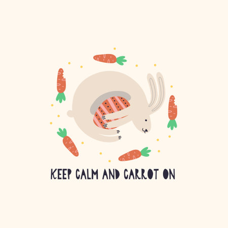 Bunny with an Easter egg around a carrot. Cartoon Rabbit character. Happy Easter holiday concept for egg hunt design, print, social media, poster, postcard. Modern Flat Styleのイラスト素材