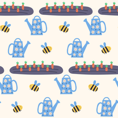 Carrot beds with a watering can bee pattern. Spring seamless background for print, textile, wrapping paper, fabric. Flat surface designのイラスト素材