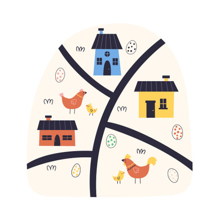 Children cartoon map Easter Egg Chicken House. Happy Easter holiday concept for egg hunt design, print, social media, poster, postcard. Modern Flat Styleのイラスト素材