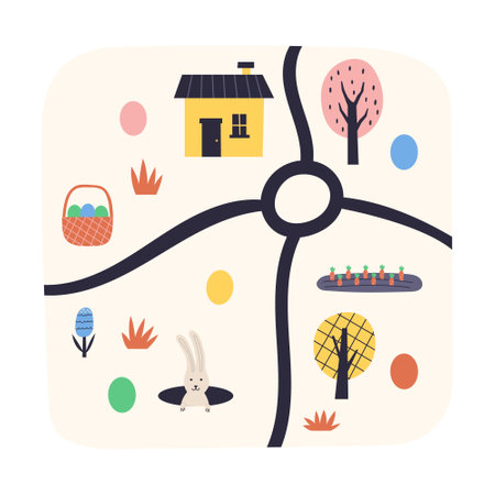 Children cartoon map Easter Village. Happy Easter holiday concept for egg hunt design, print, social media, poster, postcard. Modern Flat Styleのイラスト素材