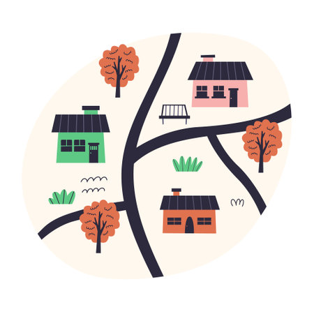 Children cartoon map Village House and Tree. Happy Easter holiday concept for egg hunt design, print, social media, poster, postcard. Modern Flat Styleのイラスト素材