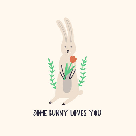 Easter bunny with spring tulip flowers. Cartoon Rabbit character. Happy Easter holiday concept for egg hunt design, print, social media, poster, postcard. Modern Flat Styleのイラスト素材