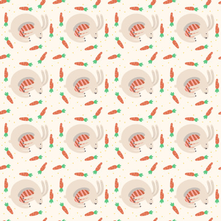 Cute bunny with carrots pattern. Spring seamless background for print, textile, wrapping paper, fabric. Flat surface designのイラスト素材