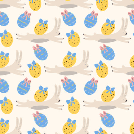 Easter spring bouncing hare with textured eggs pattern. Spring seamless background for print, textile, wrapping paper, fabric. Flat surface designのイラスト素材