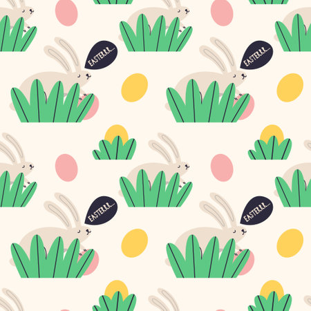 Easter hare with an egg hiding in the grass pattern. Spring seamless background for print, textile, wrapping paper, fabric. Flat surface designのイラスト素材
