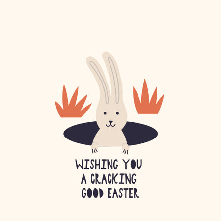Easter Bunny sits in a burrow. Cartoon Rabbit character. Happy Easter holiday concept for egg hunt design, print, social media, poster, postcard. Modern Flat Styleのイラスト素材