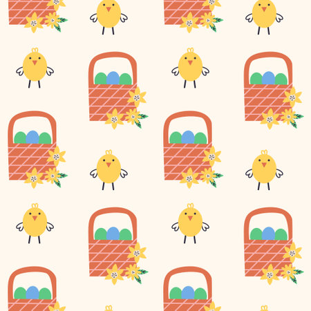 Easter egg baskets with chickens pattern. Spring seamless background for print, textile, wrapping paper, fabric. Flat surface designのイラスト素材