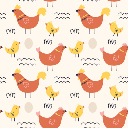 Farm chickens roosters chickens eggs pattern. Spring seamless background for print, textile, wrapping paper, fabric. Flat surface designのイラスト素材