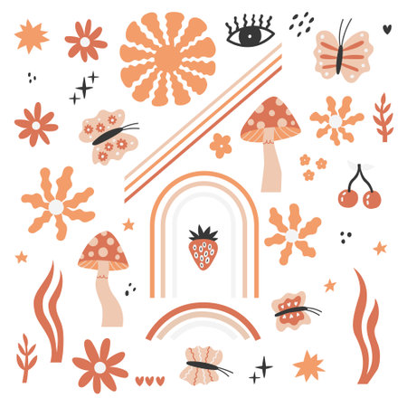 Groovy collection element decor. Retro illustration for print design, social media, poster, postcard. Modern Boho Trendy Styleのイラスト素材
