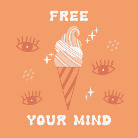 Groovy print ice cream with boho eye vector concept. Retro illustration for print design, social media, poster, postcard. Modern Boho Trendy Styleのイラスト素材