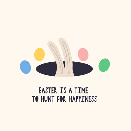 Protruding ears of a hiding rabbit from an Easter egg pit. Cartoon Rabbit character. Happy Easter holiday concept for egg hunt design, print, social media, poster, postcard. Modern Flat Styleのイラスト素材