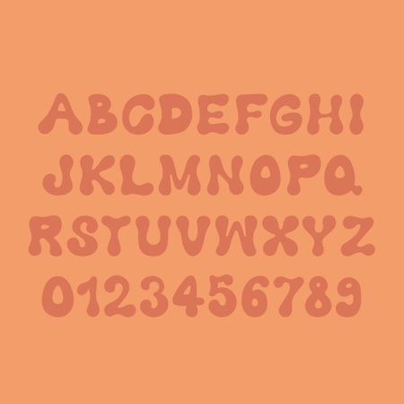 Groovy Wavy English Latin letters and numbers. Retro font typeface for print design. Vector trendy vintage alphabet for quote, print t-shirt, social mediaのイラスト素材