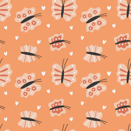 Seamless pattern groovy boho butterfly. Retro neutral background for print, textile, wrapping paper, fabric. Flat surface designのイラスト素材