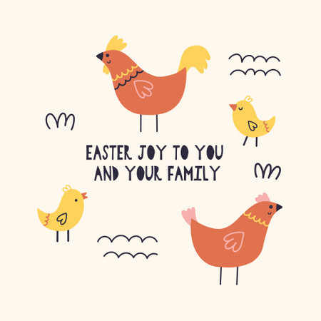 Rooster hen and Easter chickens. Happy Easter holiday concept for egg hunt design, print, social media, poster, postcard. Modern Flat Styleのイラスト素材
