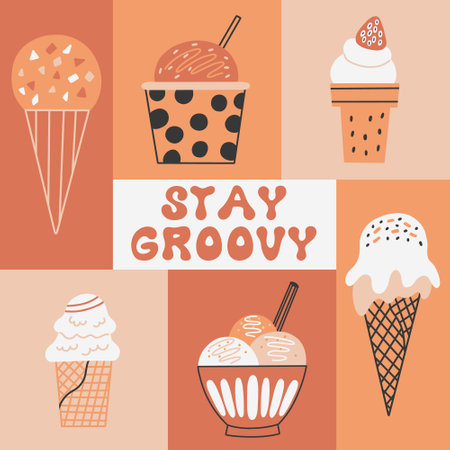 Groovy print collage Ice Cream vector concept. Retro illustration for print design, social media, poster, postcard. Modern Boho Trendy Styleのイラスト素材