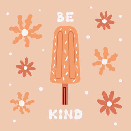 Groovy print ice cream with boho wavy flower vector concept. Retro illustration for print design, social media, poster, postcard. Modern Boho Trendy Styleのイラスト素材