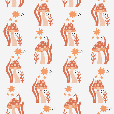 Seamless pattern groovy boho mushroom. Retro neutral background for print, textile, wrapping paper, fabric. Flat surface designのイラスト素材